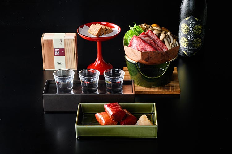 ご夕食「古代大和の特別会席」（一部）と「飛鳥・藤原の宮都」エリアの日本酒3種飲み比べ